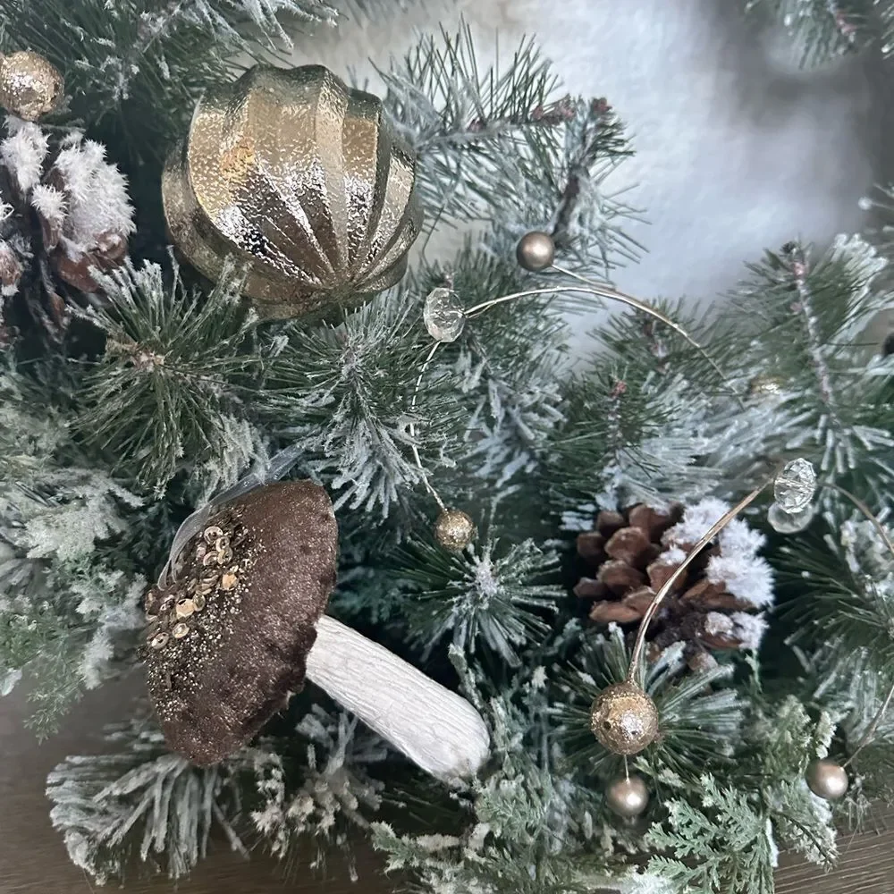 Velvet Sequin Mushroom & Glitter Berry Flocked Christmas Holiday Wreath